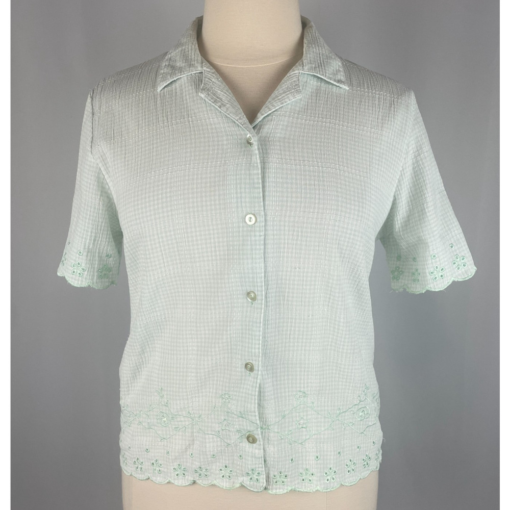Alfred Dunner Casual Top Size 14 Teal Green Gingham Eyelet Lace Cottage Coquette